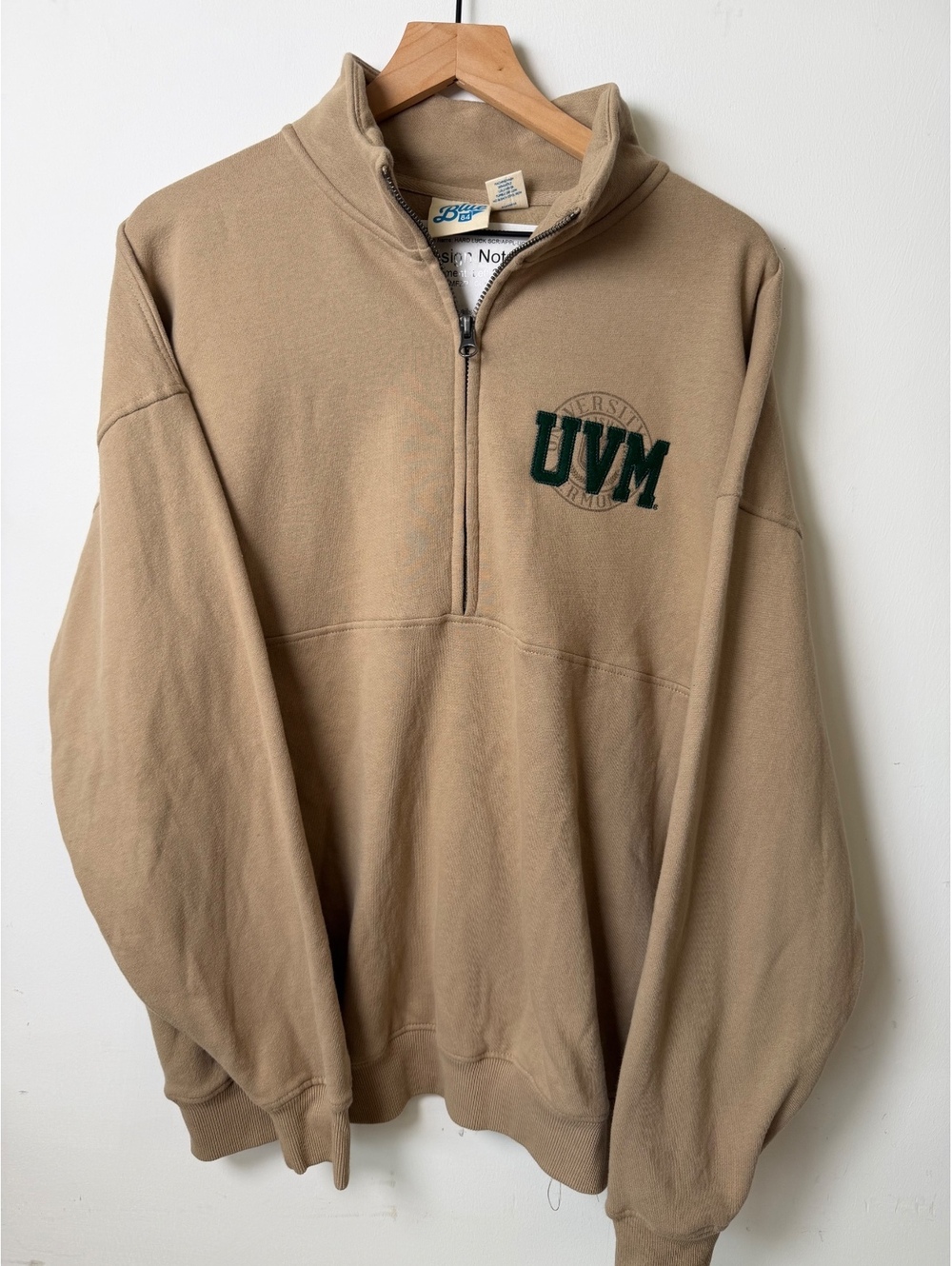 Blue 84 UVM University of Vermont Quarter Zip Pullover Sweatshirt Tan NWOT L
